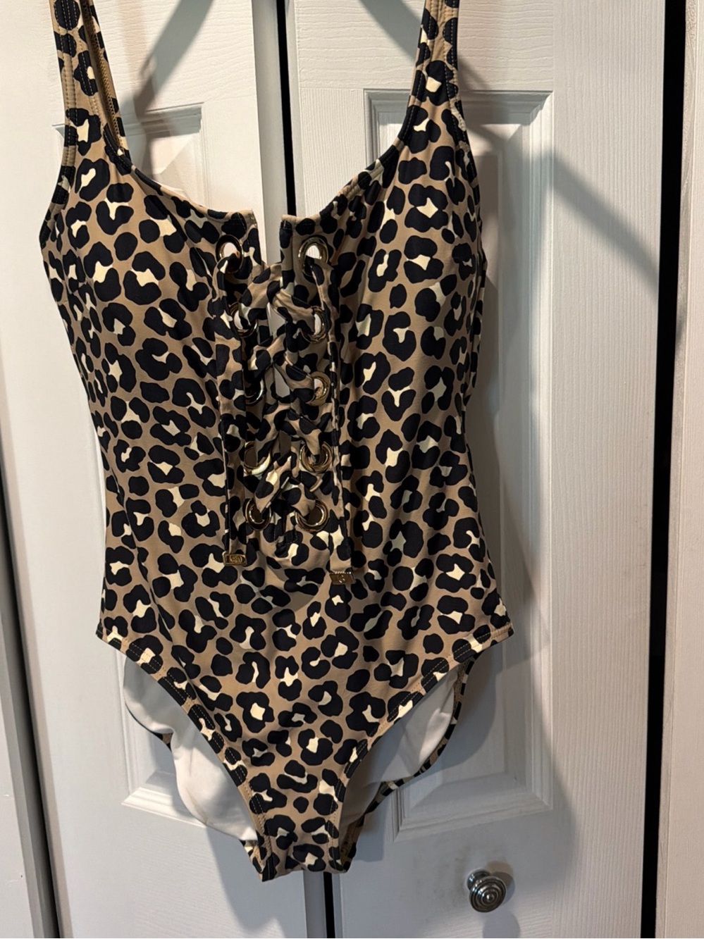 MICHAEL KORS Leopard Lace-Up One-Piece Swimsuit - Tan & Black